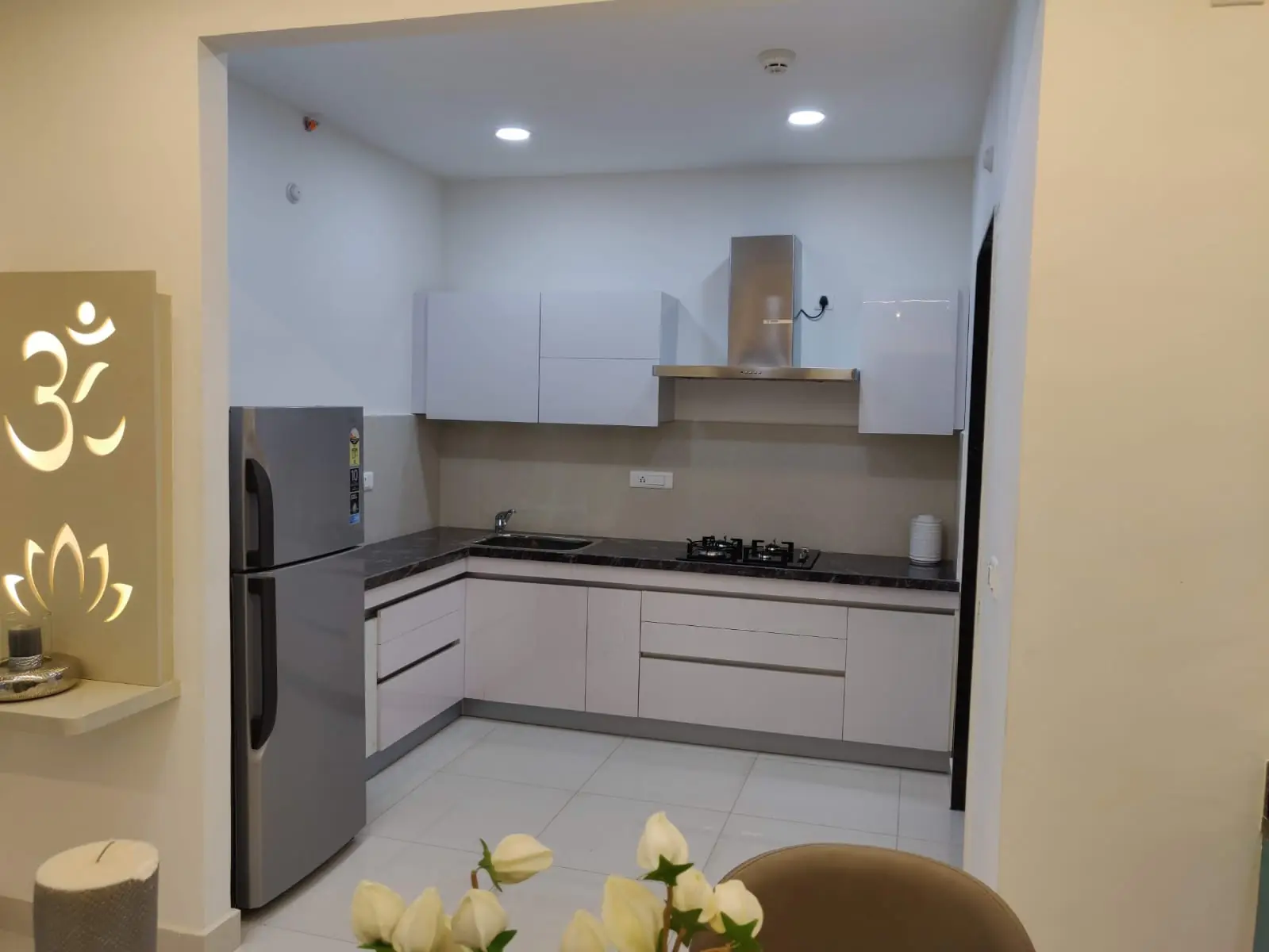 Private residence bedroom with decorative wall panel